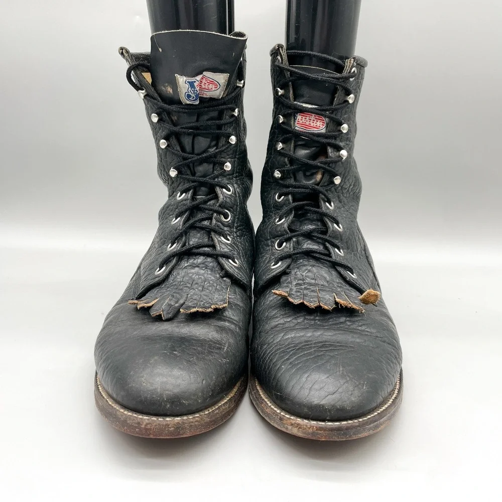 Justin Mens 11 D Lace Up Kiltie Work Boots Black Pebbled Leather VTG Rugged